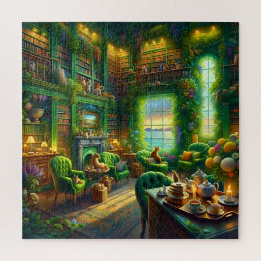 Groene bibliotheekkat kustzicht legpuzzel (Verticaal)