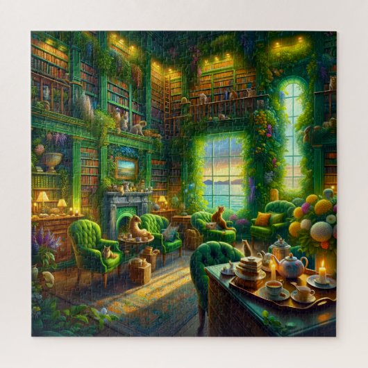 Groene bibliotheekkat Theetijd Kustzicht Legpuzzel (Verticaal)