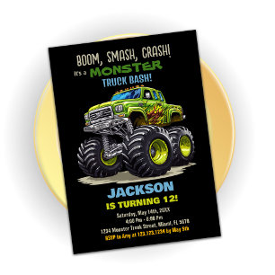 Groene Black Monster Truck Verjaardag Uitnodiginge Kaart