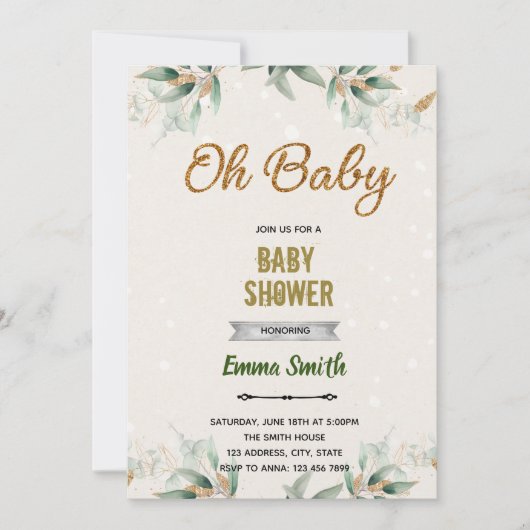Groene blad baby shower thema uitnodiging (Voorkant)