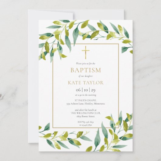 Groene Blad Baptism Doop Uitnodiging (Voorkant)