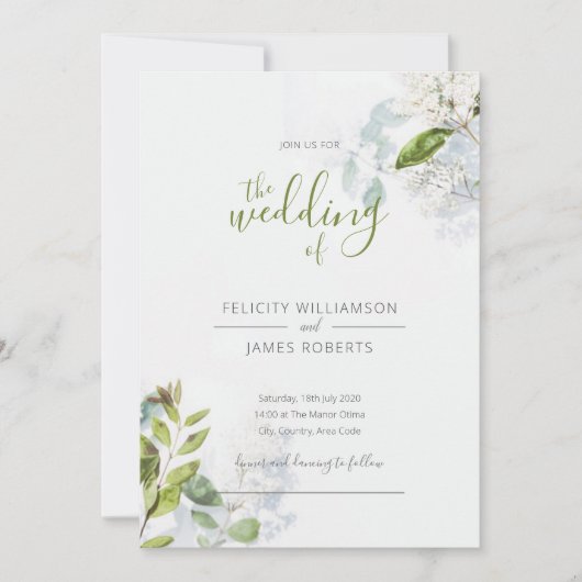 Groene Blad Bloemen Bruiloft Uitnodiging (Voorkant)