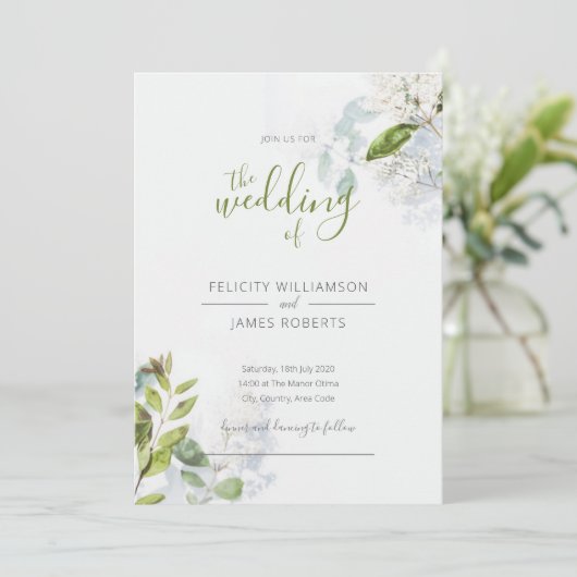 Groene Blad Bloemen Bruiloft Uitnodiging (Staand voorkant)