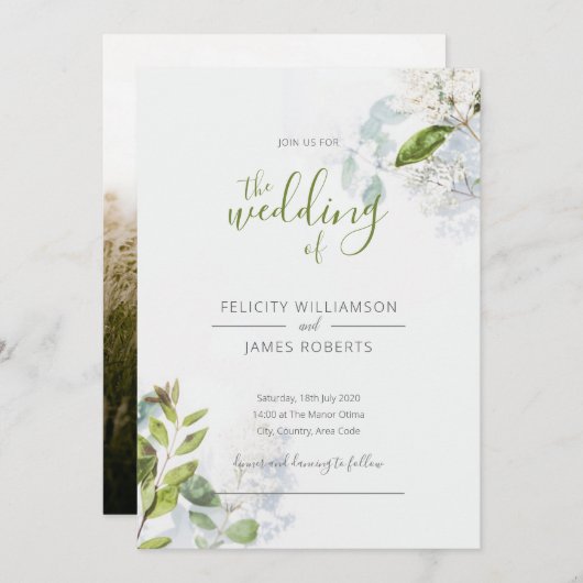 Groene Blad Bloemen Bruiloft Uitnodiging (Voorkant / Achterkant)