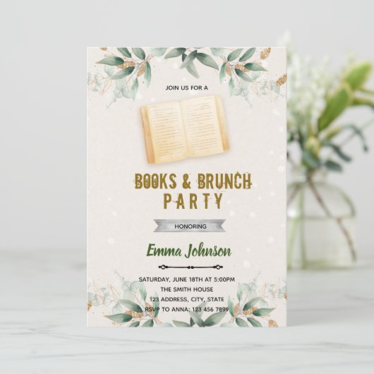 Groene blad boek thema uitnodiging (Staand voorkant)