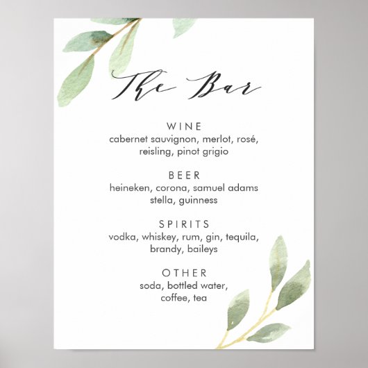Groene Blad Botanisch Trouwbar Menu Bord Poster (Voorkant)