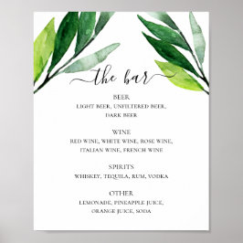 Groene blad bruiloft alcohol drankjes bar menu poster