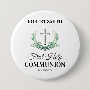 Groene blad eerste communie ronde button 7,6 cm