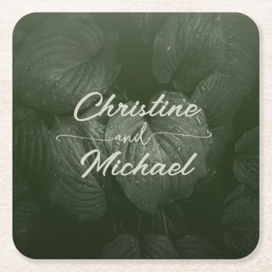 Groene blad elegante groen lente bruiloft kartonnen onderzetters (Voorkant)