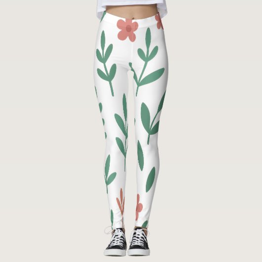 Groene Blad en Roze Bloem Patroon Legging (Voorkant)