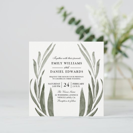 Groene Blad Krans Trouw Uitnodiging (Staand voorkant)