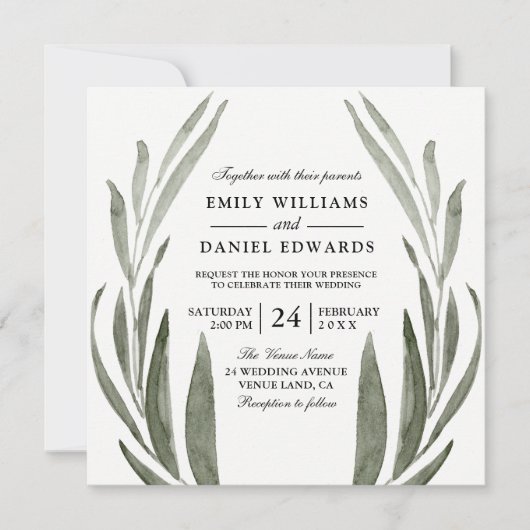 Groene Blad Krans Trouw Uitnodiging (Voorkant)