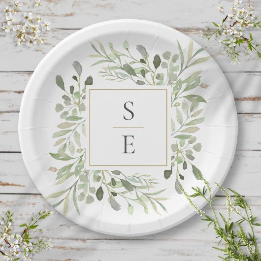 Groene Blad Monogram Beginletters Trouw Papieren Bordje
