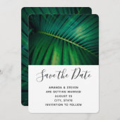 Groene blad palmblad close-up foto bruiloft save the date (Voorkant / Achterkant)