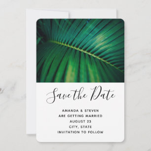 Groene blad palmblad close-up foto bruiloft save the date