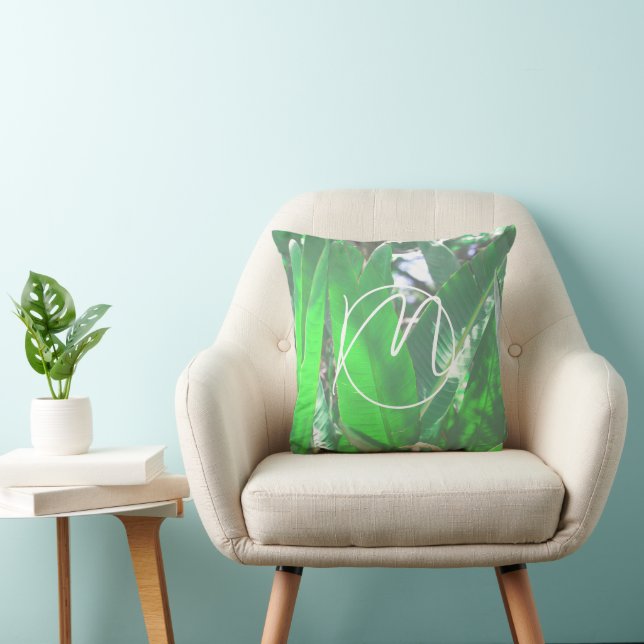 Groene bladbanaan plant verlaat pastelmonogram kussen (Stoel)