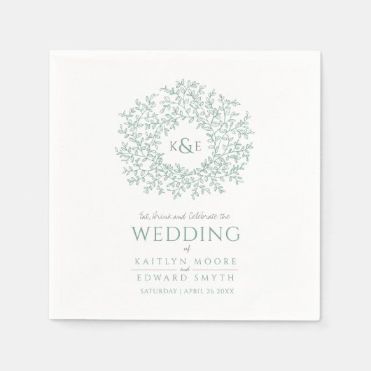 Groene bladcirkel monogram huwelijkskunst servet (Voorkant)