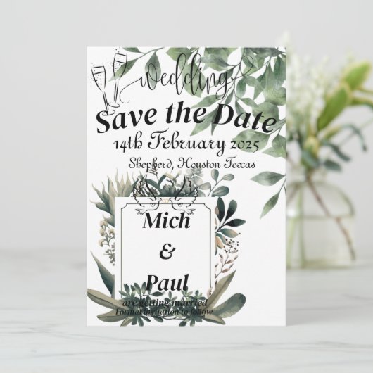 Groene bladeren Bewaar de datum met elegante witte Kaart (Staand voorkant)