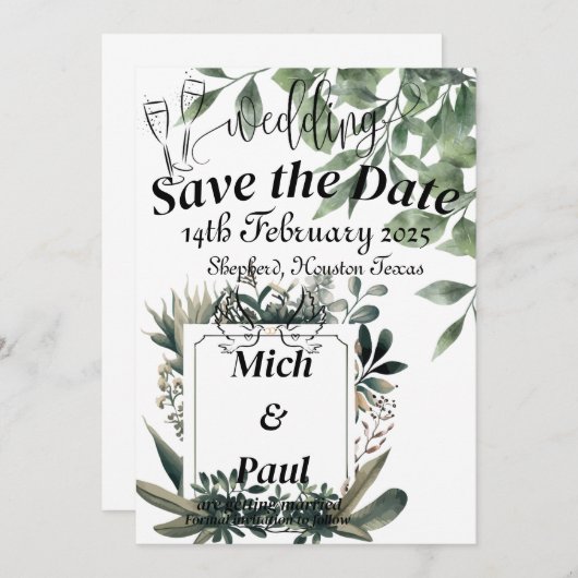 Groene bladeren Bewaar de datum met elegante witte Kaart (Voorkant / Achterkant)