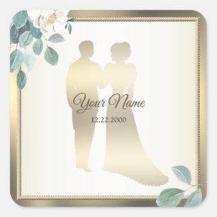 Groene Bladeren Bloem Gouden Frame Bruiloft Feest Vierkante Sticker