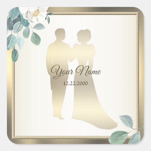 Groene Bladeren Bloem Gouden Frame Bruiloft Feest Vierkante Sticker (Voorkant)