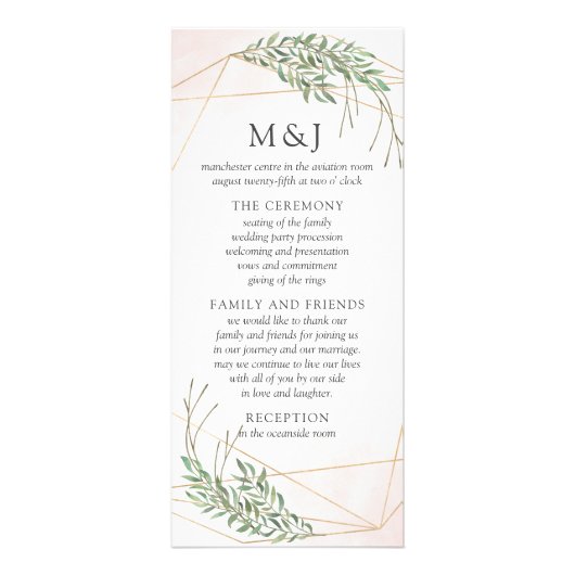 Groene bladeren & Blush bruiloft programma Kaart (Voorkant)