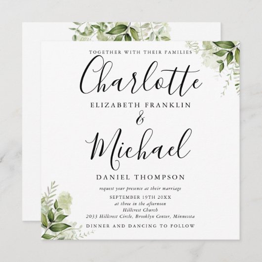 Groene Bladeren Botanisch Elegant Script Trouwdag Kaart (Voorkant / Achterkant)