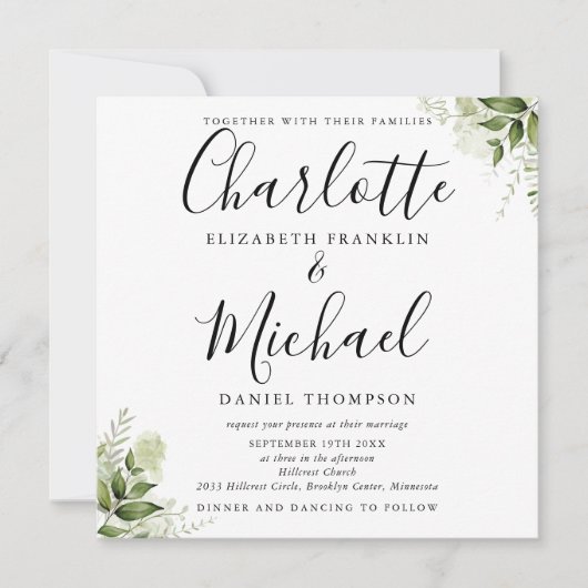 Groene Bladeren Botanische Elegante Script Bruilof Kaart (Voorkant)