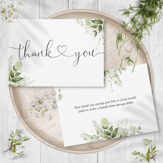 Groene Bladeren Botanische Elegante Script Hart Bedankkaart
