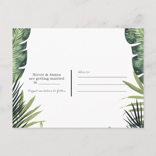 Groene Bladeren Botanische Tropische Bewaar de Dat Aankondigingskaart (Achterkant)