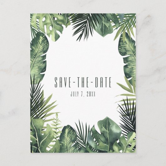 Groene Bladeren Botanische Tropische Bewaar de Dat Aankondigingskaart (Voorkant)