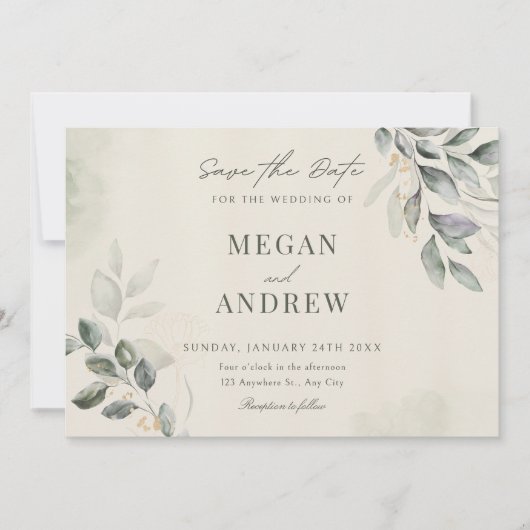 Groene bladeren bruiloft save the date (Voorkant)