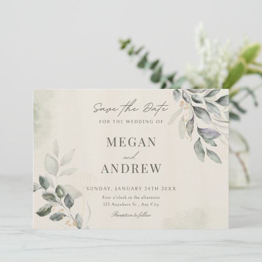 Groene bladeren bruiloft save the date (Staand voorkant)