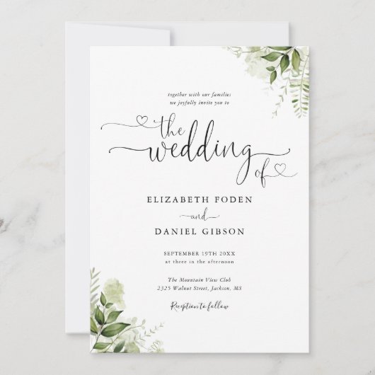 Groene Bladeren Chic Hearts Script Foto Bruiloft Kaart