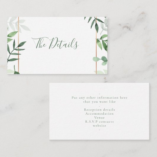 Groene bladeren "de details" trouwenstaart informatiekaartje (Voorkant / Achterkant)