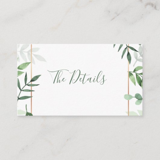 Groene bladeren "de details" trouwenstaart informatiekaartje (Voorkant)