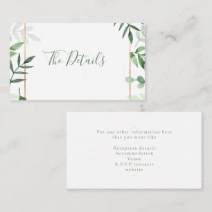 Groene bladeren "de details" trouwenstaart informatiekaartje
