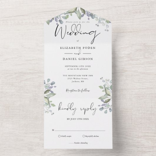 Groene Bladeren Elegant Script Bruiloft All In One Uitnodiging (Binnen)