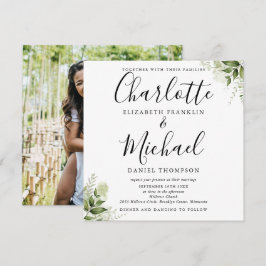 Groene Bladeren Elegant Script Foto Bruiloft  Kaart