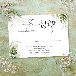 Groene Bladeren Elegant Script Hart RSVP Kaartje
