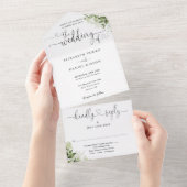 Groene Bladeren Elegant Script Harten Bruiloft All In One Uitnodiging (Afscheurbaar)