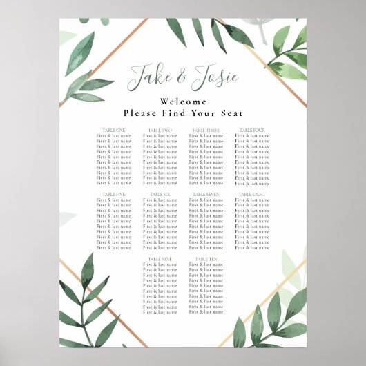 Groene bladeren Elegant Wedding Seating Chart Poster (Voorkant)