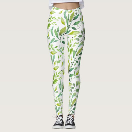 Groene bladeren en bessen Waterverf Leggings (Voorkant)
