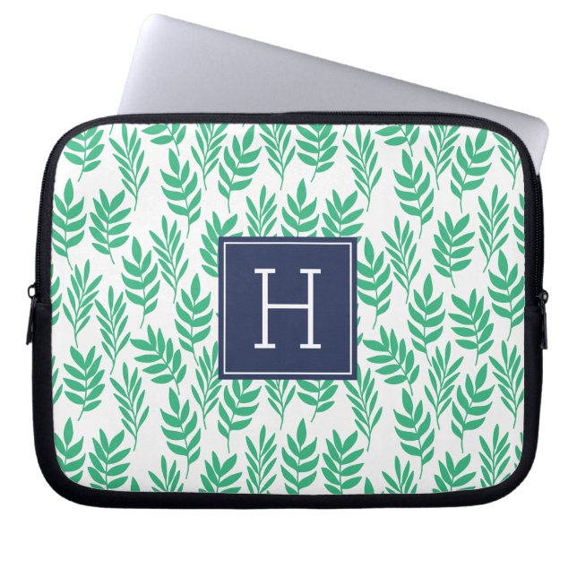 Groene bladeren en blauw monogram laptop sleeve (Voorkant)