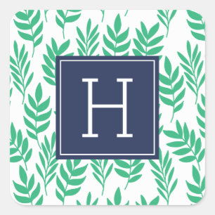 Groene bladeren en blauw monogram vierkante sticker