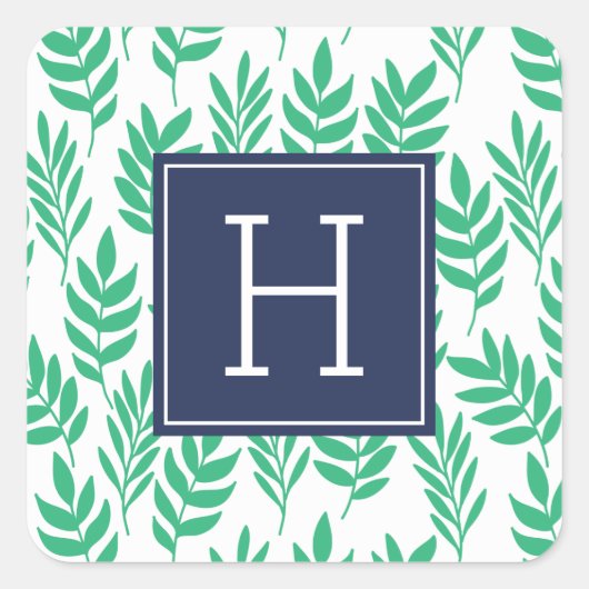 Groene bladeren en blauw monogram vierkante sticker (Voorkant)