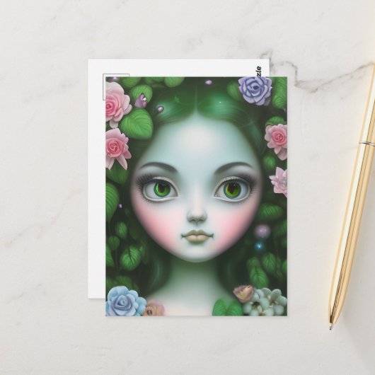 Groene bladeren en bloemen bosmeisje briefkaart (Voorkant / Achterkant in situ)