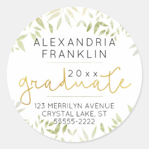 Groene bladeren en Gold Script Afstuderen het teru Ronde Sticker