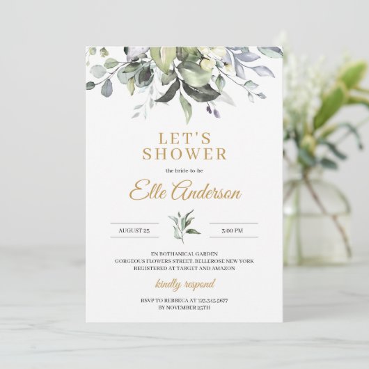 Groene bladeren en gouden boho vrijgezellenfeest kaart (Staand voorkant)