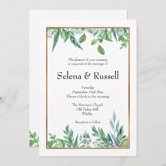 Groene bladeren en gouden Lijsten huwelijksuitnodi Kaart (Voorkant / Achterkant)